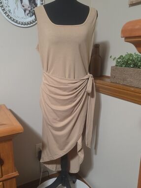 Sleeveless Asymmetrical Tie-Waist Midi Dress in Beige
